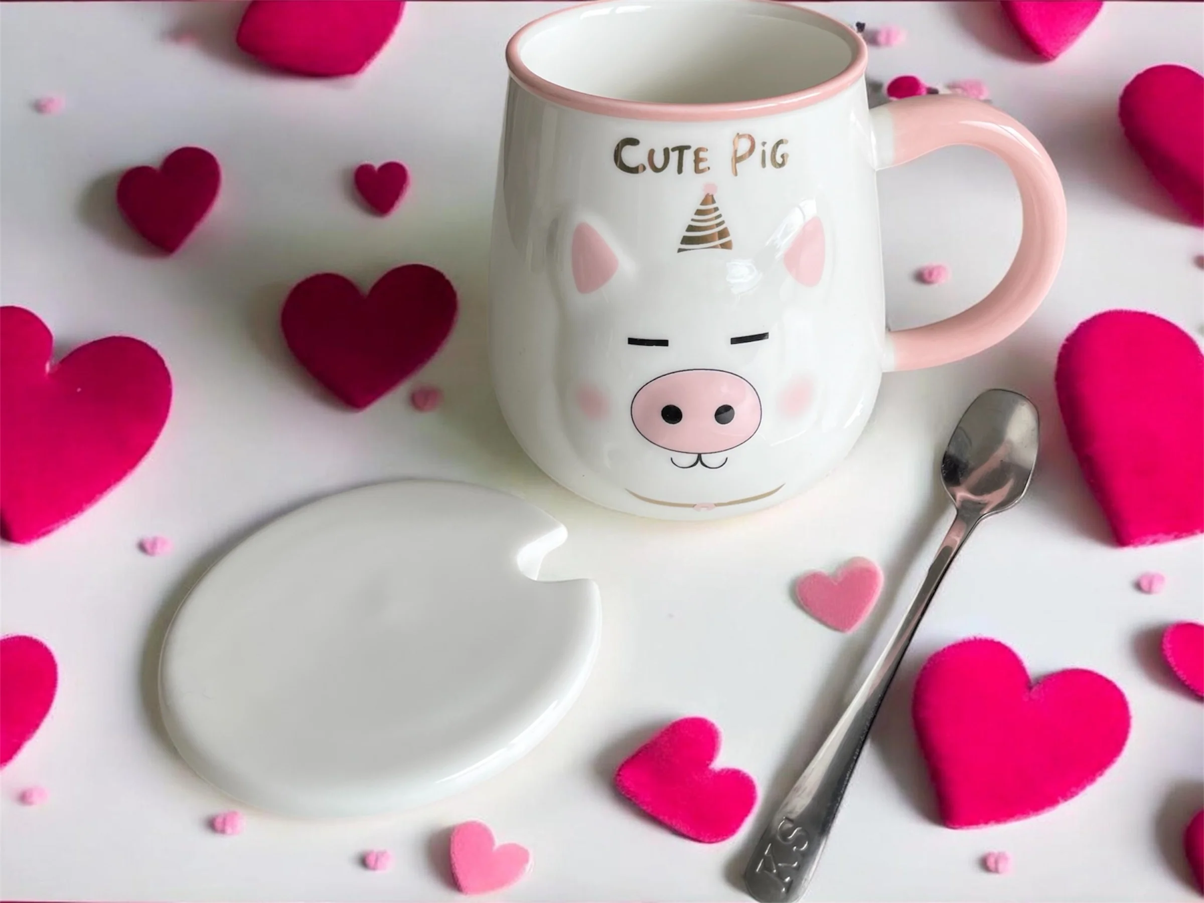 Taza Cute pig cerdito con Tapa y Cuchara – Cerámica Rosa Pastel - Image 3